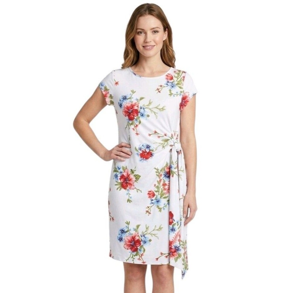 Mother Bee Womens Dress XL White Floral Side Tie Knee Length Cap Sleeve Stretch